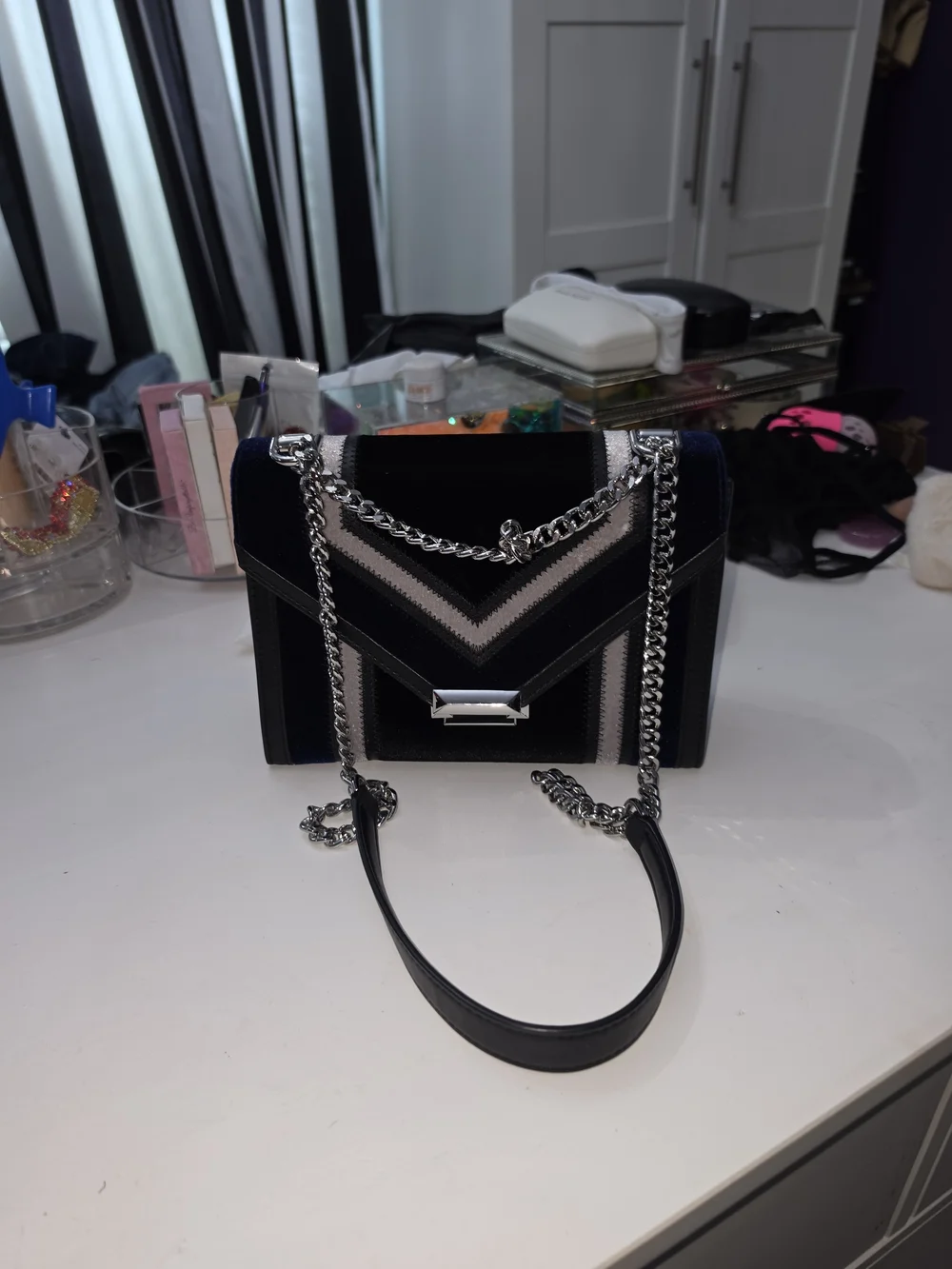 Michael Kors Navy and Black Velvet Chain Shoulder Bag